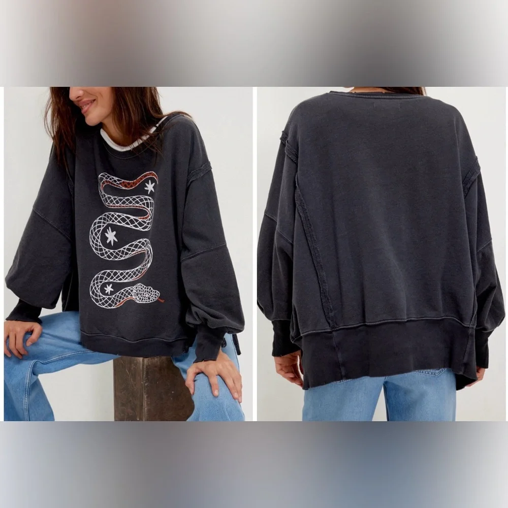 NWOT Free People We The Free Graphic Camden Pullover - snake combo Small, medium